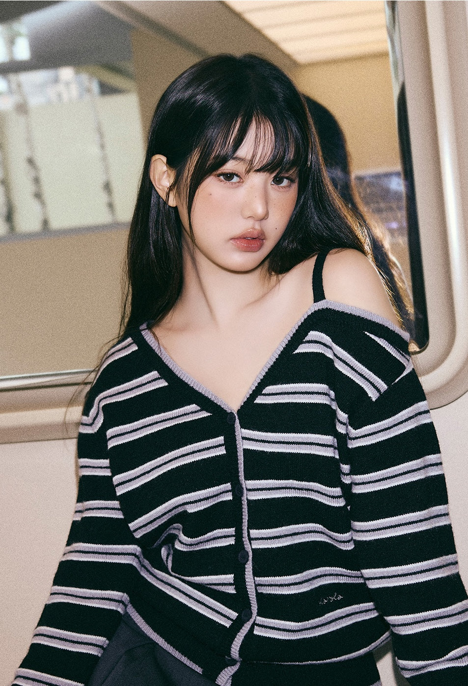 Rolarola - One Off Shoulder Stripe Wool Blended Cardigan