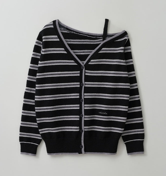 Rolarola - One Off Shoulder Stripe Wool Blended Cardigan