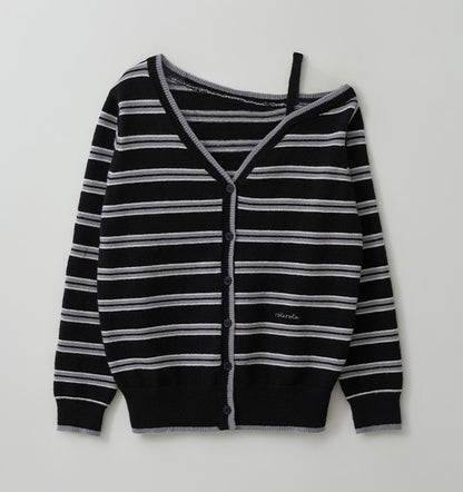 Rolarola - One Off Shoulder Stripe Wool Blended Cardigan