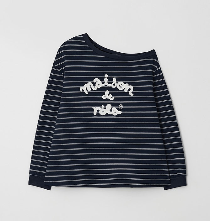 Rolarola - Maison De Rola Embroidery Off Shoulder Stripe Sweatshirt