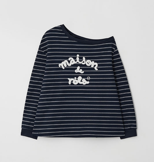 Rolarola - Maison De Rola Embroidery Off Shoulder Stripe Sweatshirt
