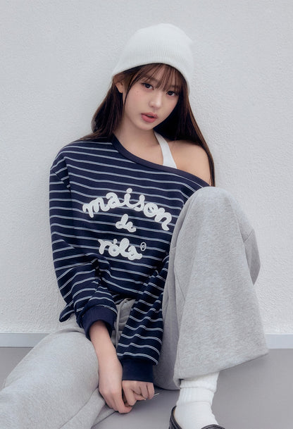 Rolarola - Maison De Rola Embroidery Off Shoulder Stripe Sweatshirt