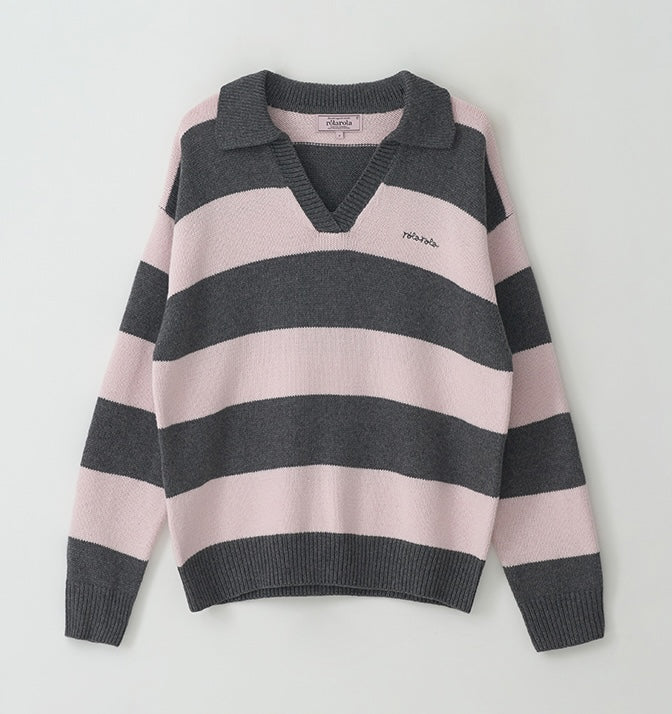 Rolarola - Wool Blended Collar Stripe Boarder Knit