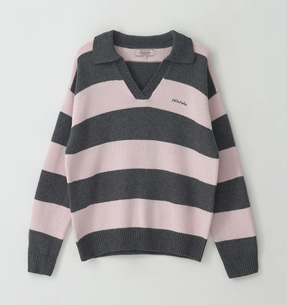 Rolarola - Wool Blended Collar Stripe Boarder Knit