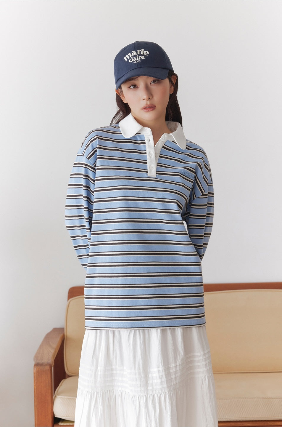 Marie Claire - Striped Rugby Collar Long Sleeve