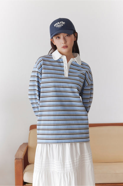 Marie Claire - Striped Rugby Collar Long Sleeve