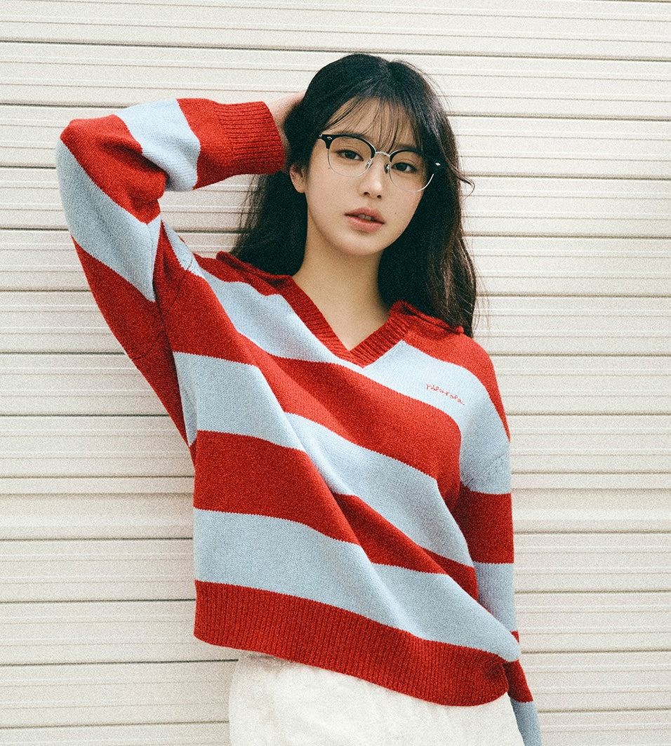Rolarola - Wool Blended Collar Stripe Boarder Knit