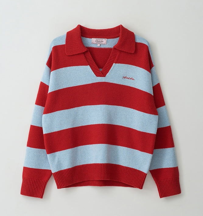 Rolarola - Wool Blended Collar Stripe Boarder Knit