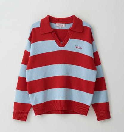 Rolarola - Wool Blended Collar Stripe Boarder Knit