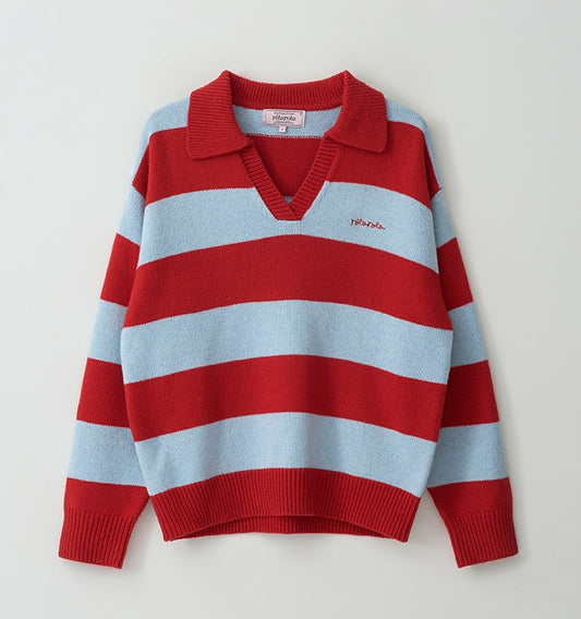 Rolarola - Wool Blended Collar Stripe Boarder Knit