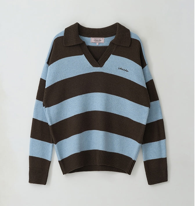 Rolarola - Wool Blended Collar Stripe Boarder Knit