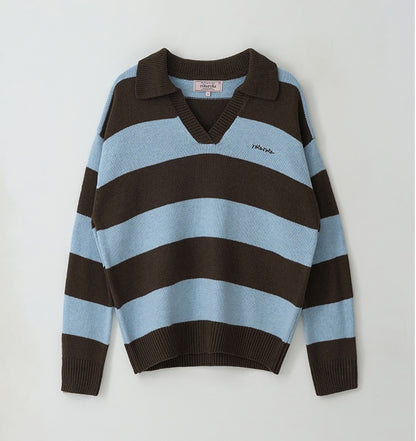 Rolarola - Wool Blended Collar Stripe Boarder Knit