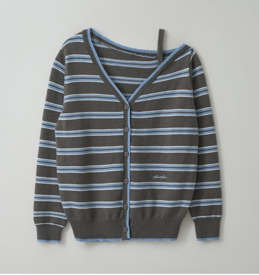 Rolarola - One Off Shoulder Stripe Wool Blended Cardigan