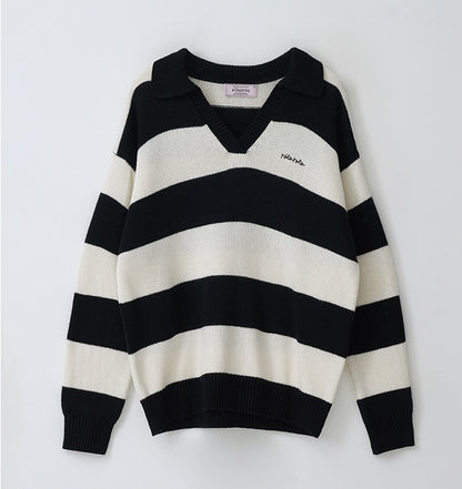 Rolarola - Wool Blended Collar Stripe Boarder Knit