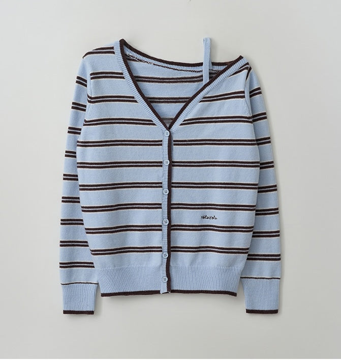 Rolarola - One Off Shoulder Stripe Wool Blended Cardigan