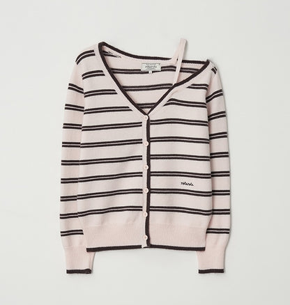 Rolarola - One Off Shoulder Stripe Wool Blended Cardigan